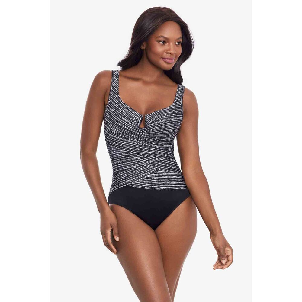 NWT Miraclesuit Selenite Swimsuit 10 Black White Slimming Underwire Swimwear